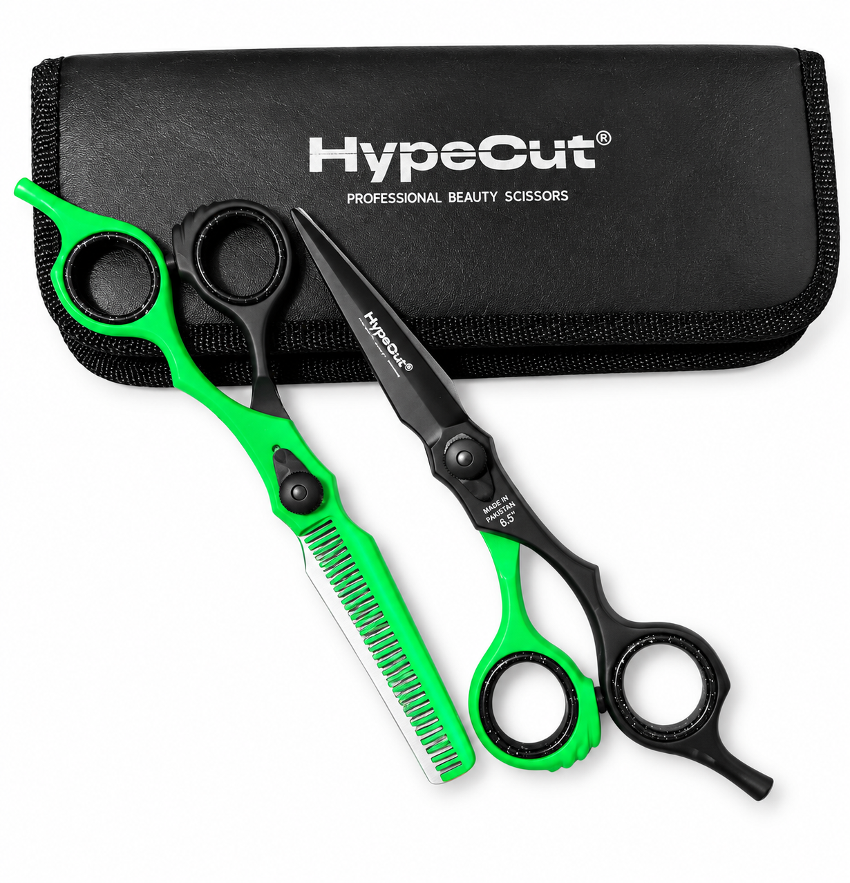 252436c3-0c89-4a7f-bb6f-cb82c2428df0 Set de 2 Tijeras Profesionales Hypecut Verde Neón y Negro 6.5”| Filo Navaja + Esculpidora - Imagen 1