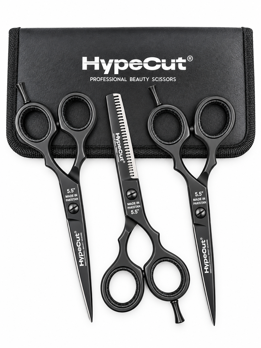 5044780f-bc46-4de5-aa81-cf0ee0e003e2 Set 3 Tijeras Profesionales HypeCut 5.5” Negras – Filo Navaja, Microdentada y Esculpidora - Imagen 1