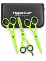 Set 3 Tijeras Profesionales HypeCut 5.5’’Verde Neón  – Filo Navaja, Microdentada y Esculpidora